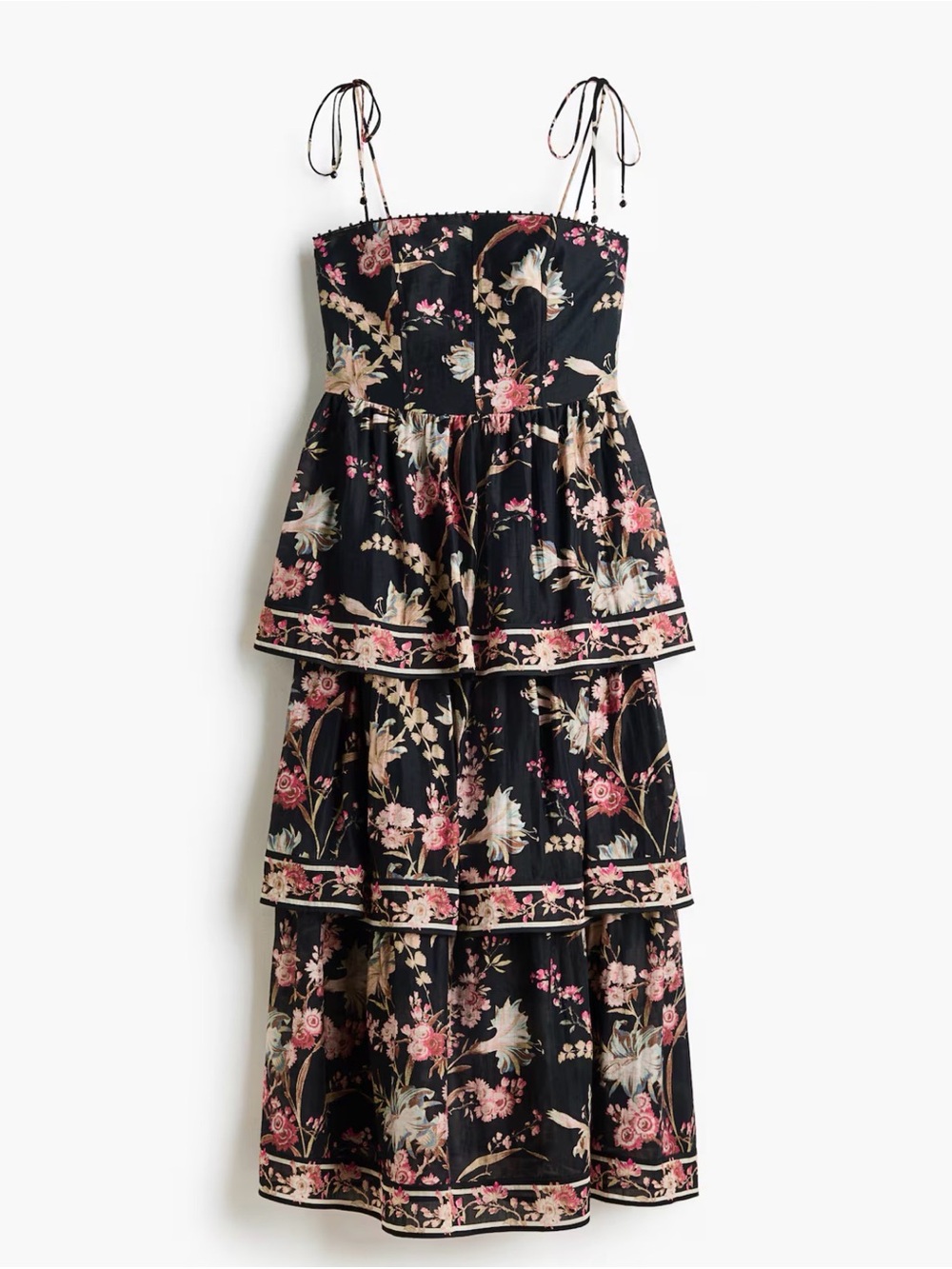 H&M Black Tiered Floral Sundress with Pink and Cream Blooms